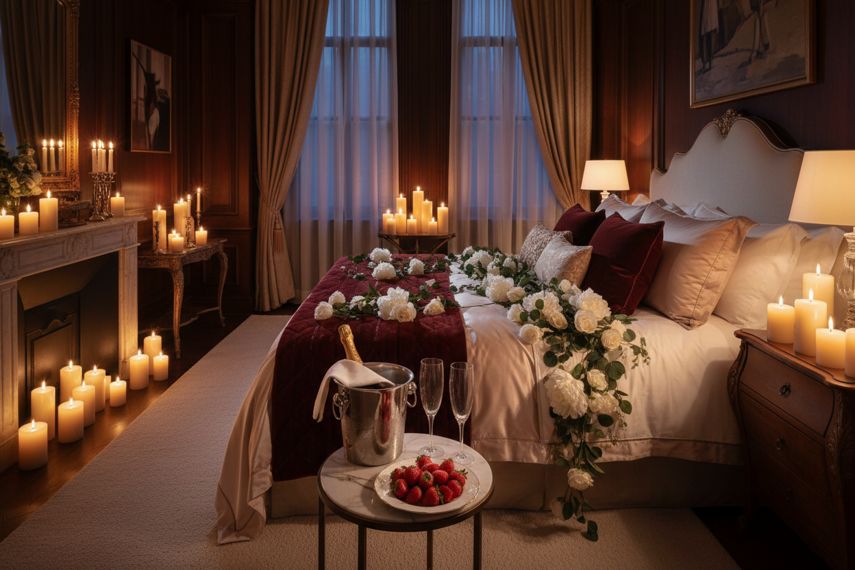 Bedroom, candles, flowers on bed, bottle of champagne ice bucket 2 glasses strawberries 